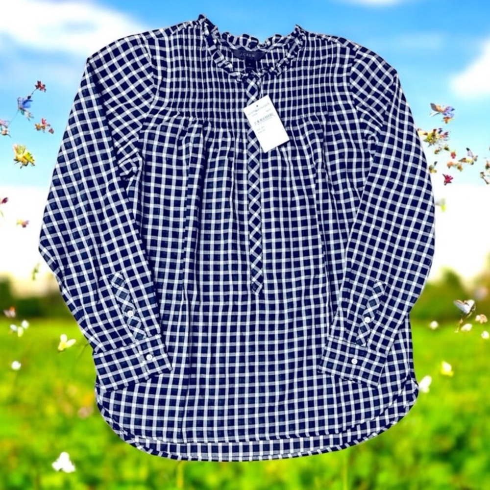 J Crew nwt 100% cotton navy blue white plaid button ruffle blouse top - Picture 1 of 6